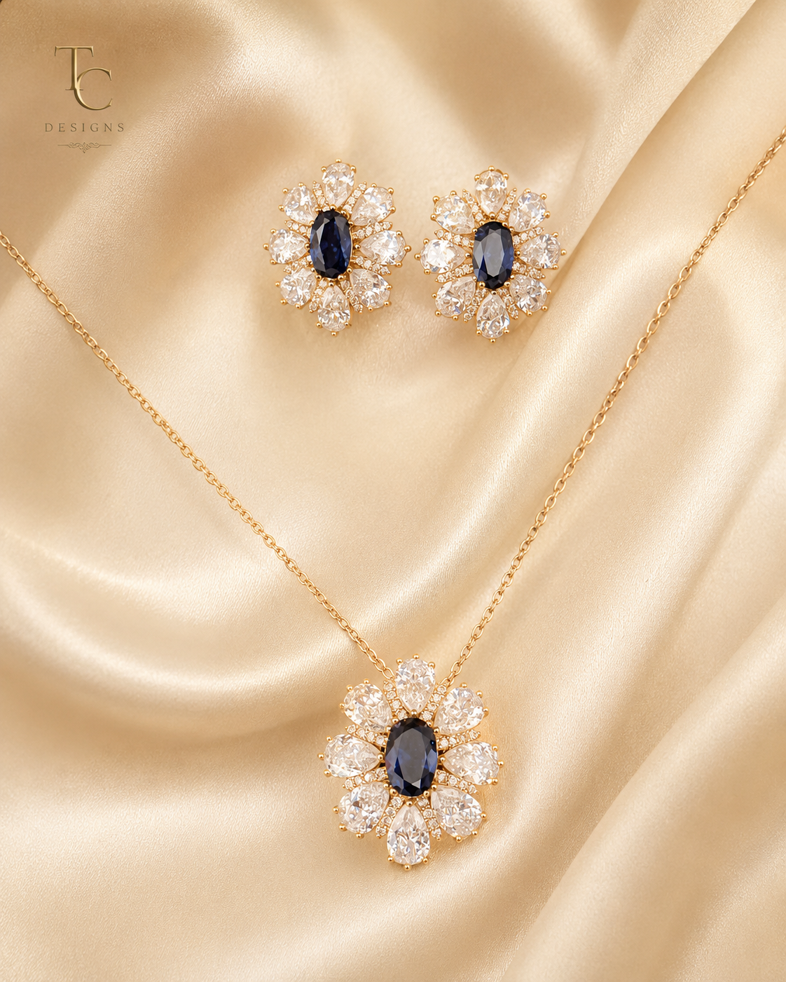 Sapphire Floral Gold Jewellery Set