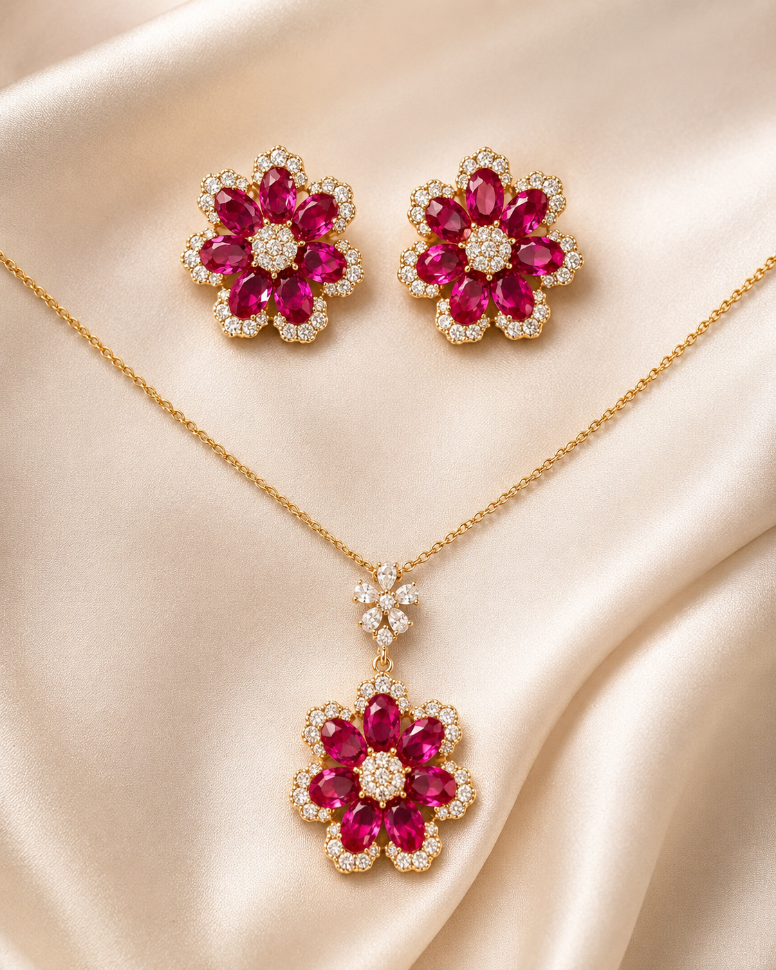 Ruby Floral Gold Jewellery Set