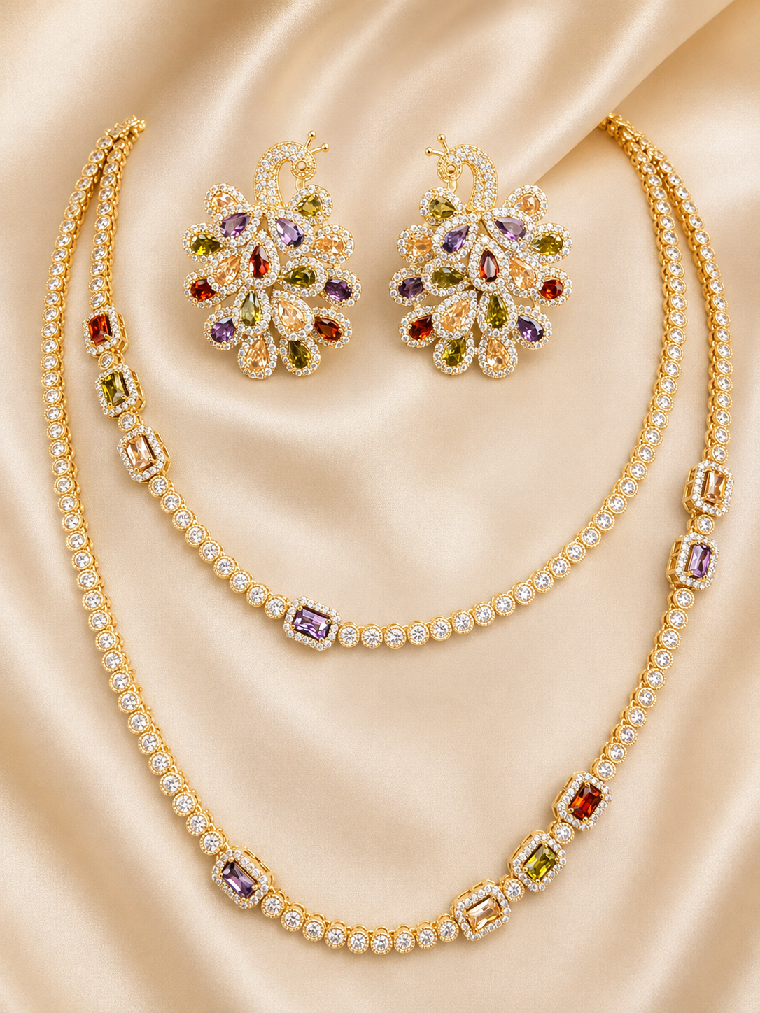 Multicolour Peacock Layered Necklace Set