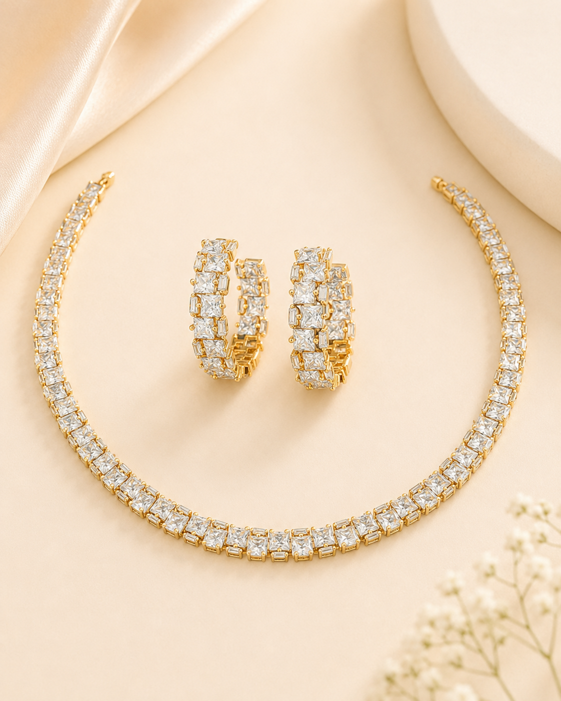 Square Cut Tennis Necklace Set