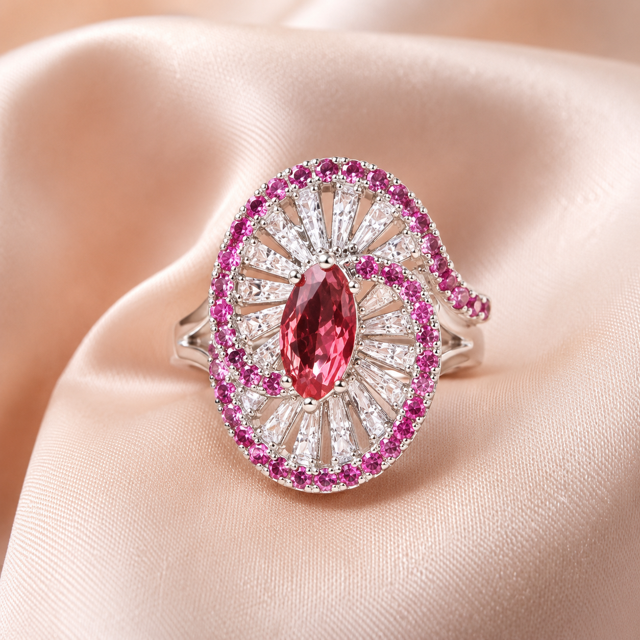 Ruby-Pink Swirl Statement Ring