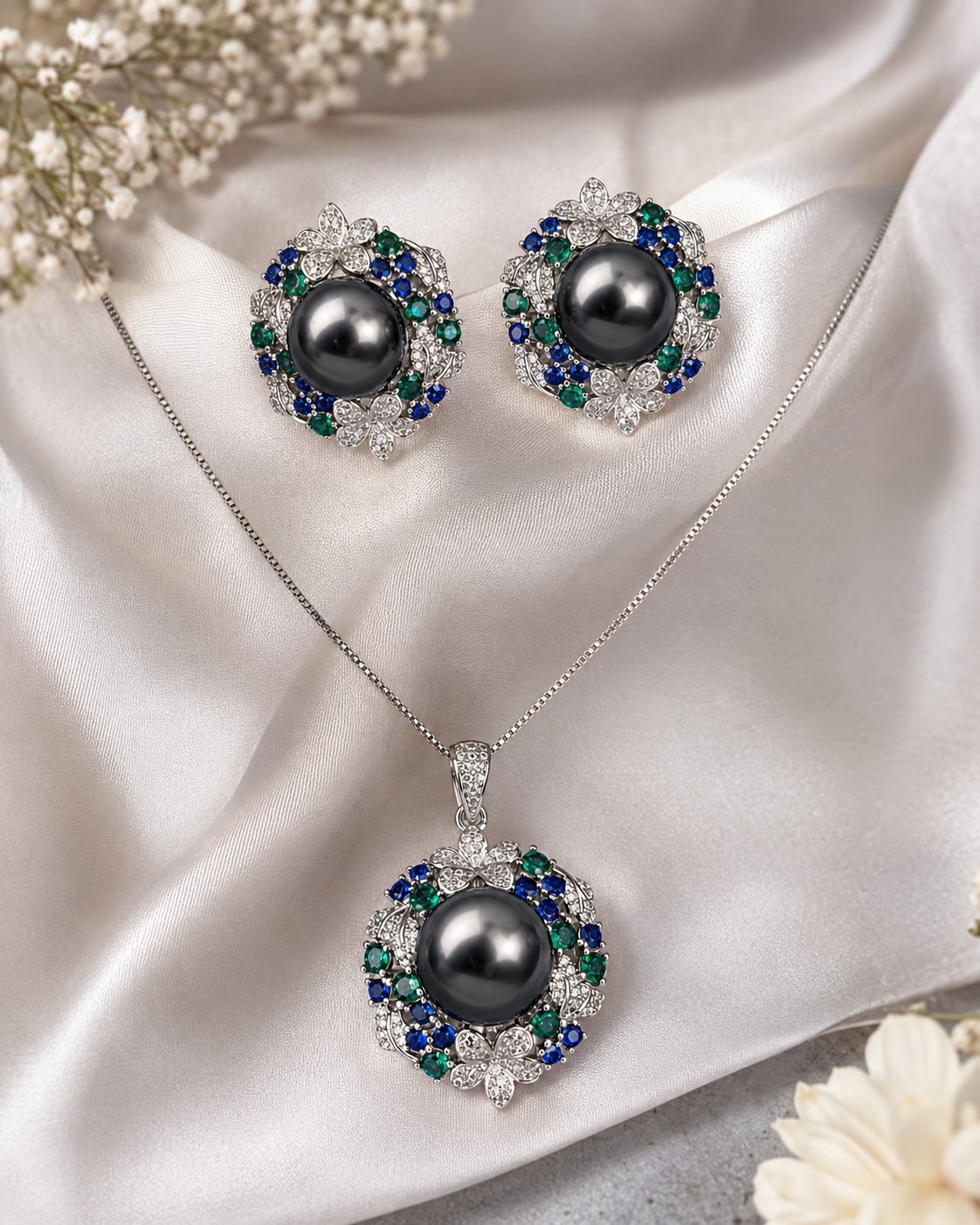 Midnight Pearl Floral Jewellery Set