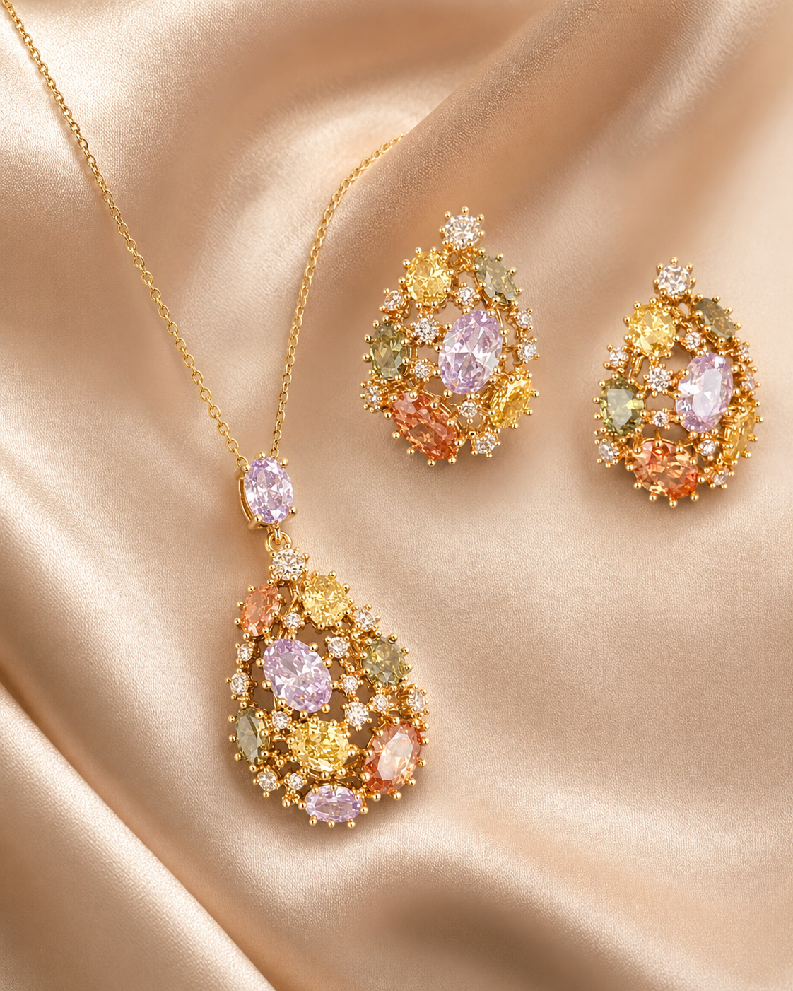 Pastel Gemstone Gold Jewellery Set