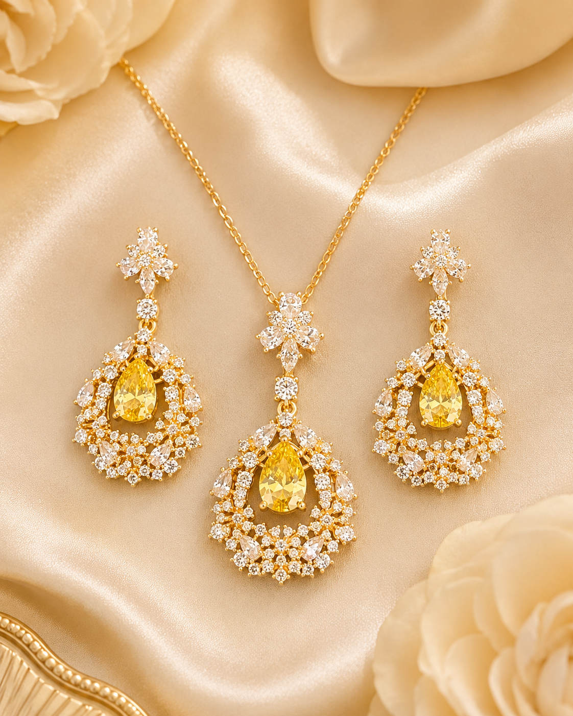 Citrine Teardrop Gold Jewellery Set