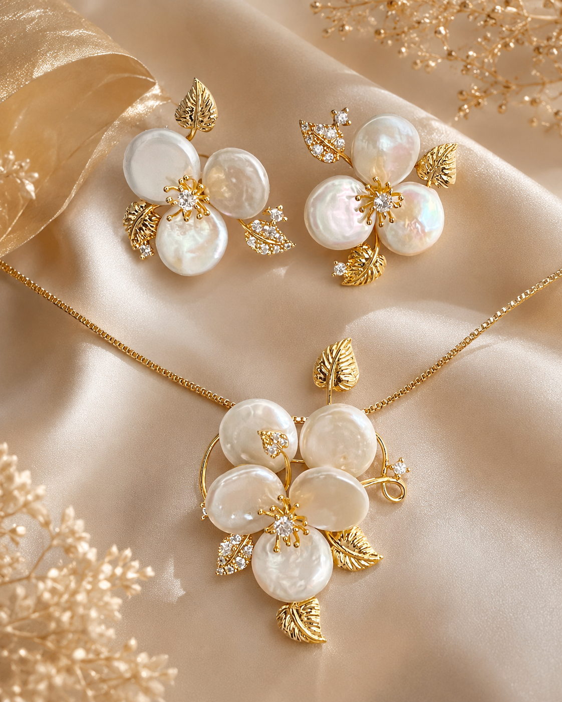 Mother of Pearl Floral Gold Jewellery Set