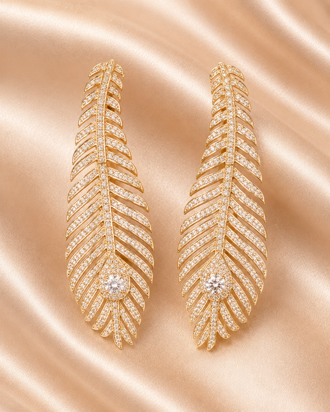 Golden Feather Statement Earrings
